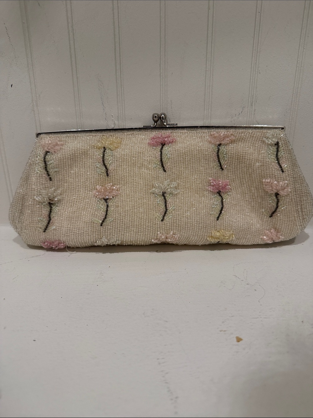 Beaded Cream Floral Clutch Purse